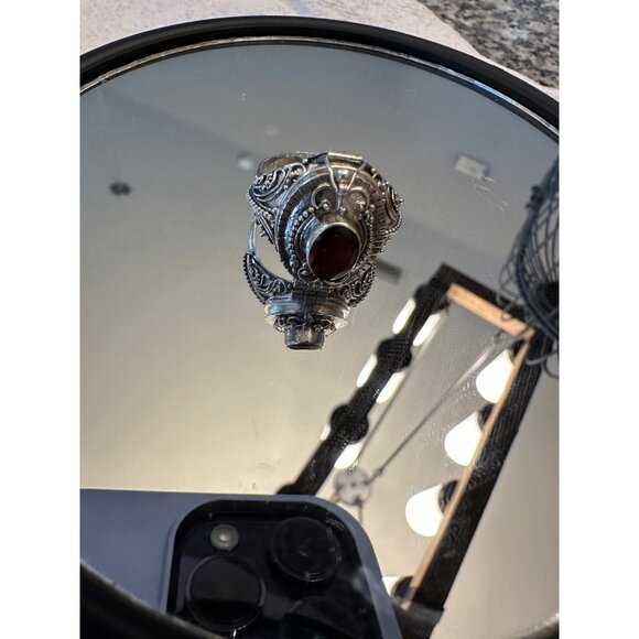 Poison Ring Sterling Silver 925 Garnet Gemstone Intricate Filigree Design Gift - Picture 2 of 16
